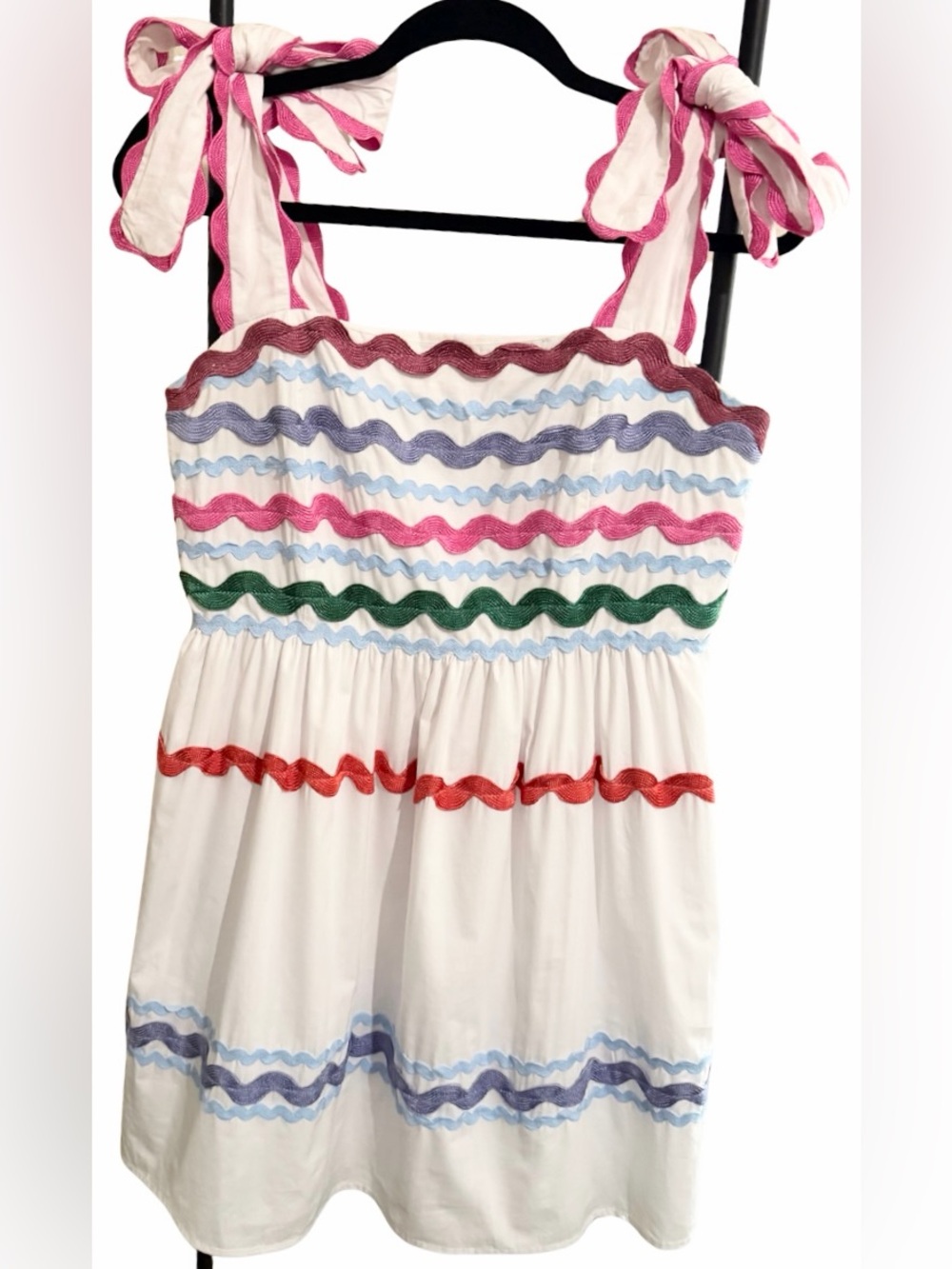 Moodie White Ric Rac Mini Dress Women’s M Tie Shoulder Multicolor Cottagecore